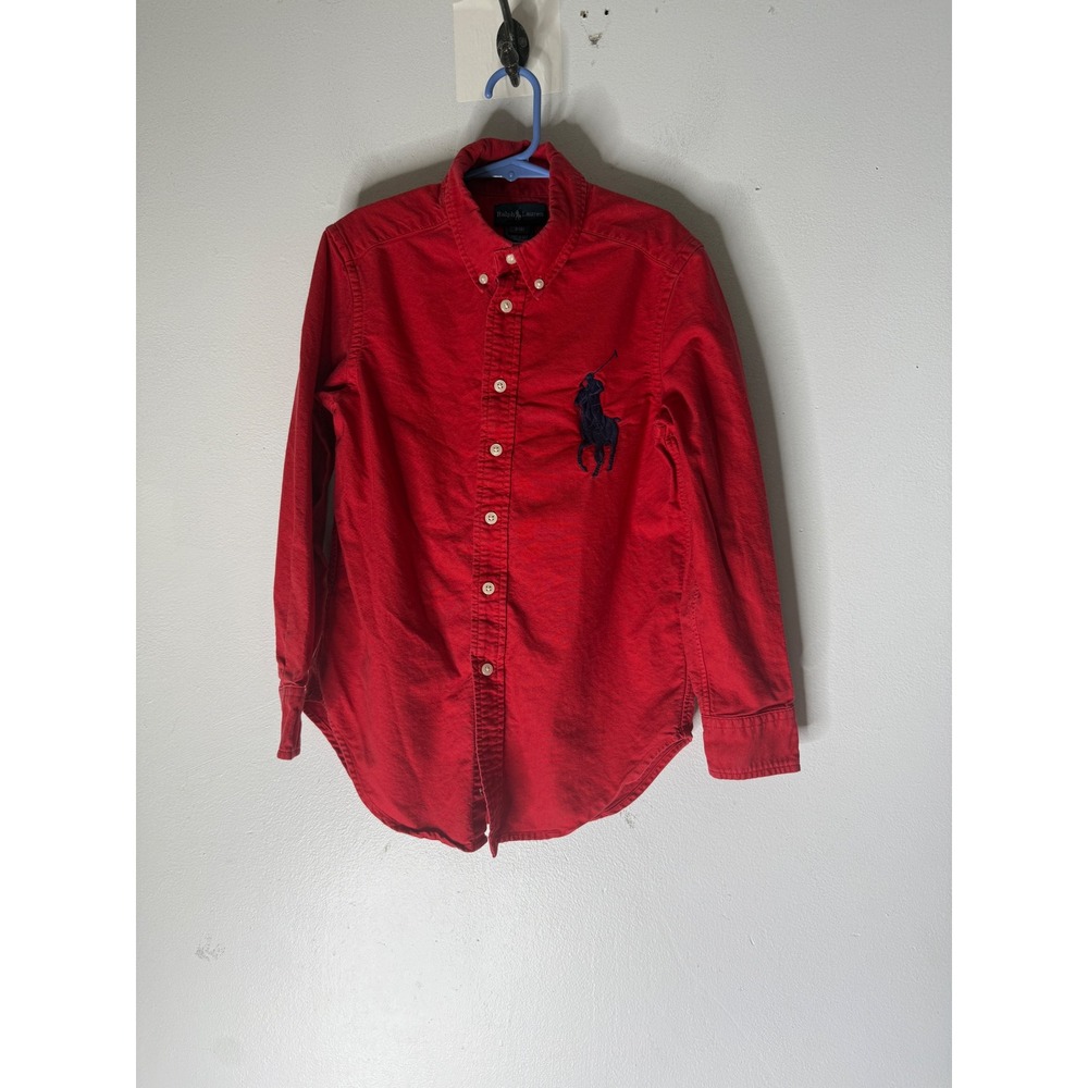 Ralph Lauren Boys Big Pony Oxford Shirt Red Long Sleeve Button Down Size 10-12 M